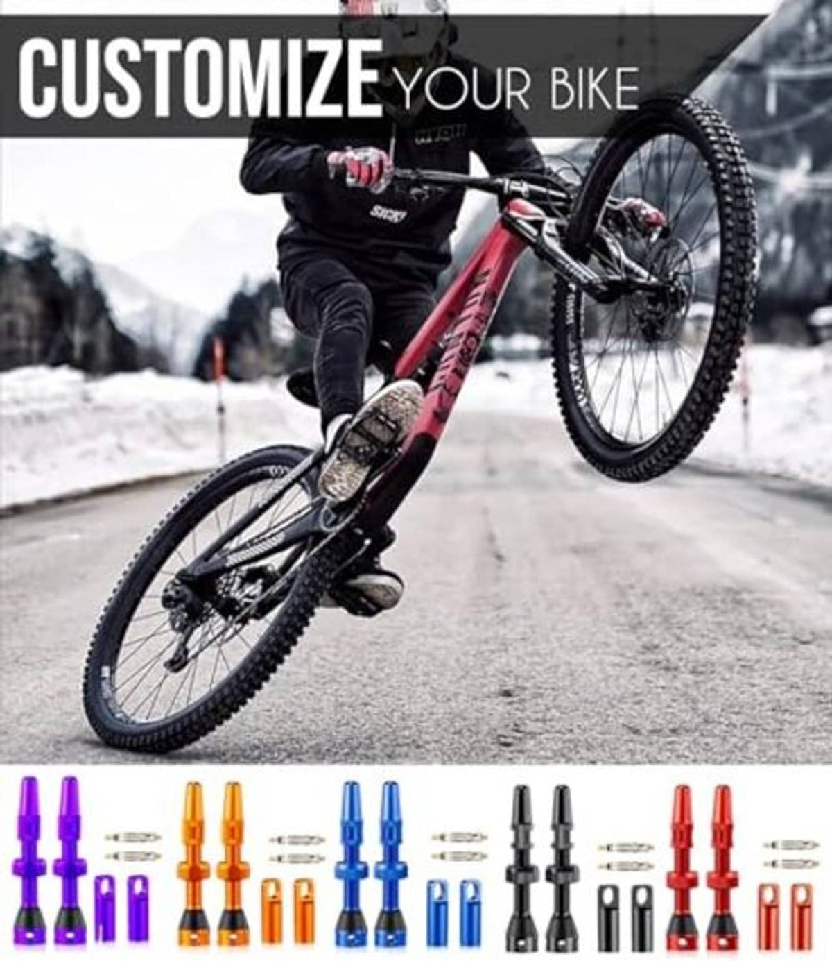 Set of colored MTB tubeless Presta valve stems for bike wheels