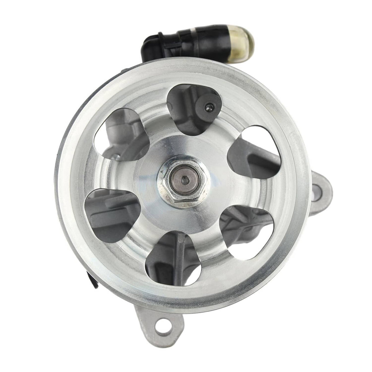 Power steering pump with pulley, silver pulley wheel with black mounting bracket and sensor port.