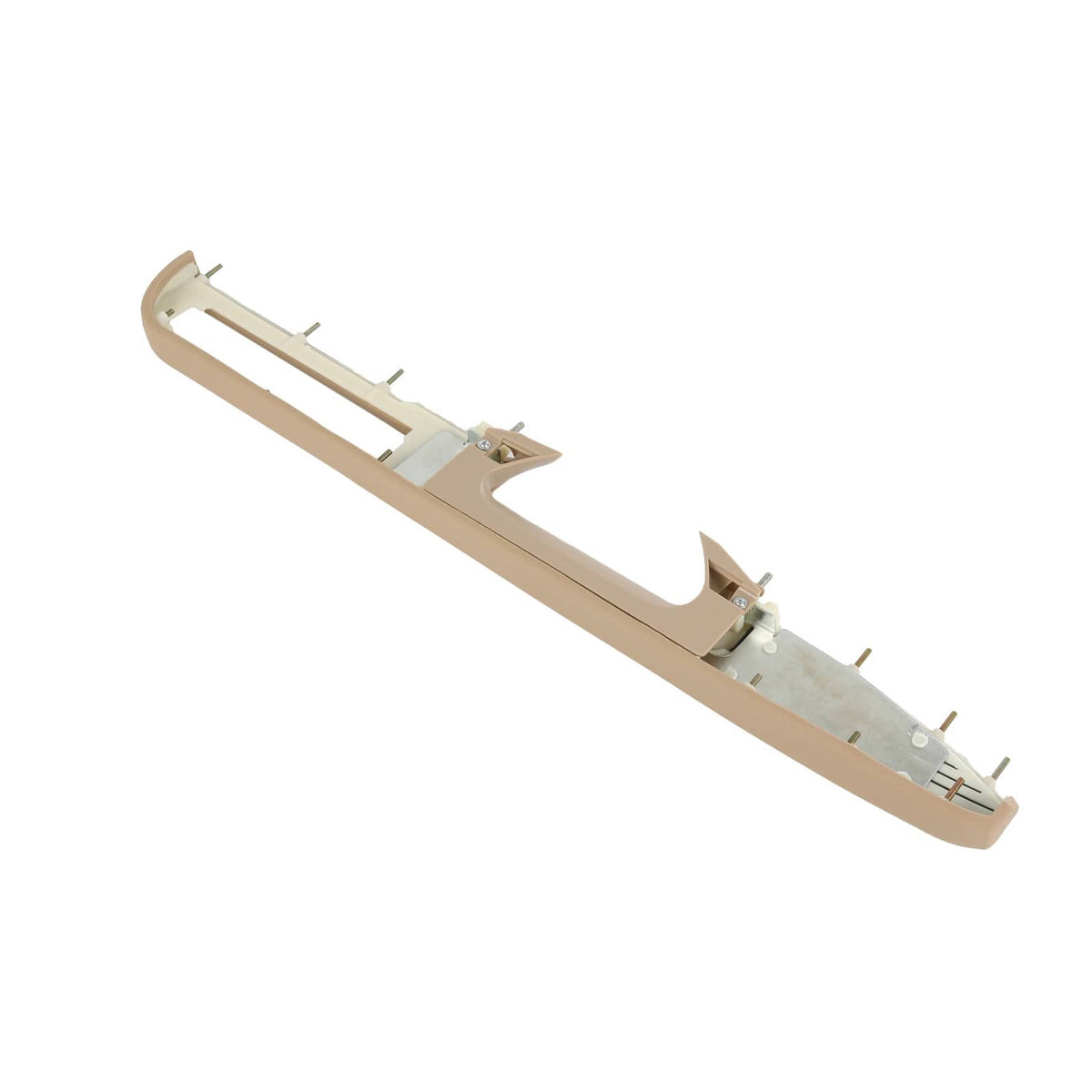 Beige driver-side door armrest handle panel with mounting clips and brackets