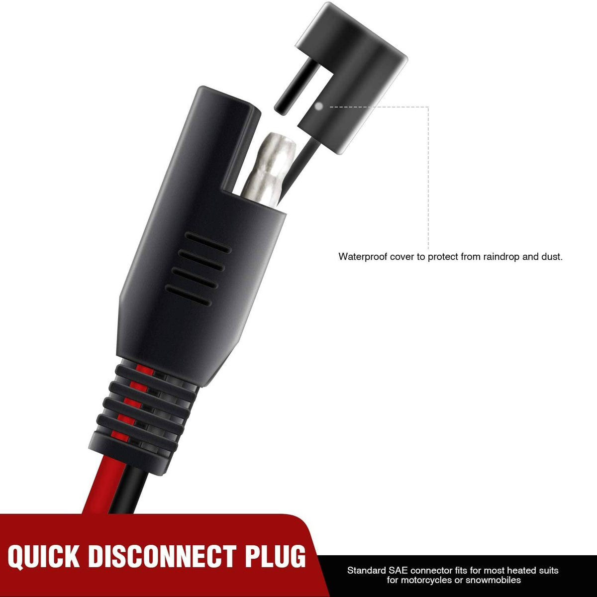 Black quick-disconnect SAE connector with red wire lead and protective cover