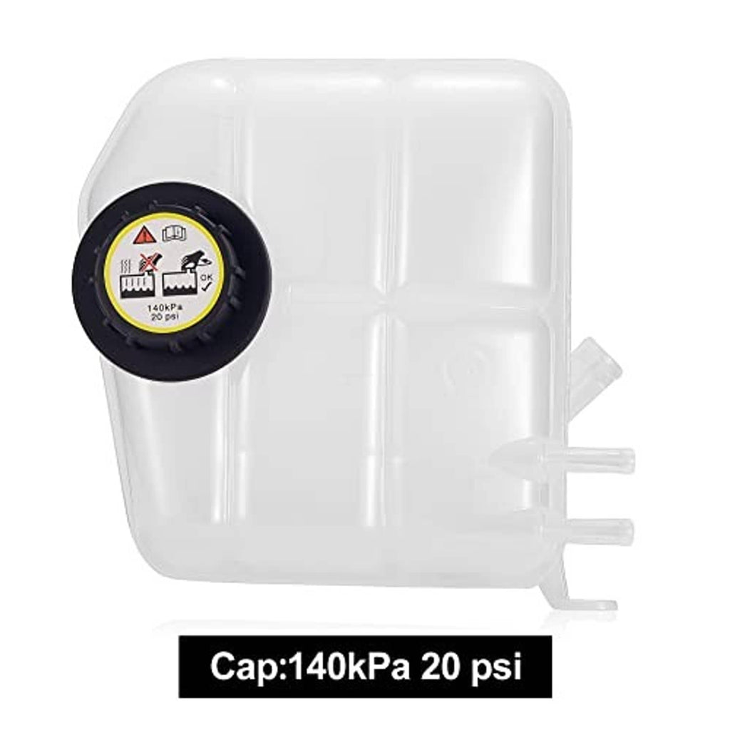 White coolant reservoir tank with black cap; cap shows 140kPa/20 psi rating