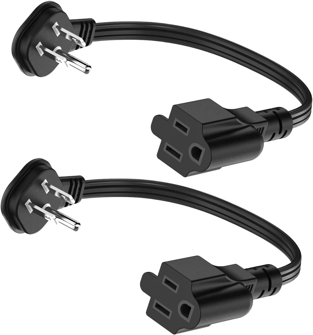Black 3-prong plug extension cord with two connector angles on a short cord