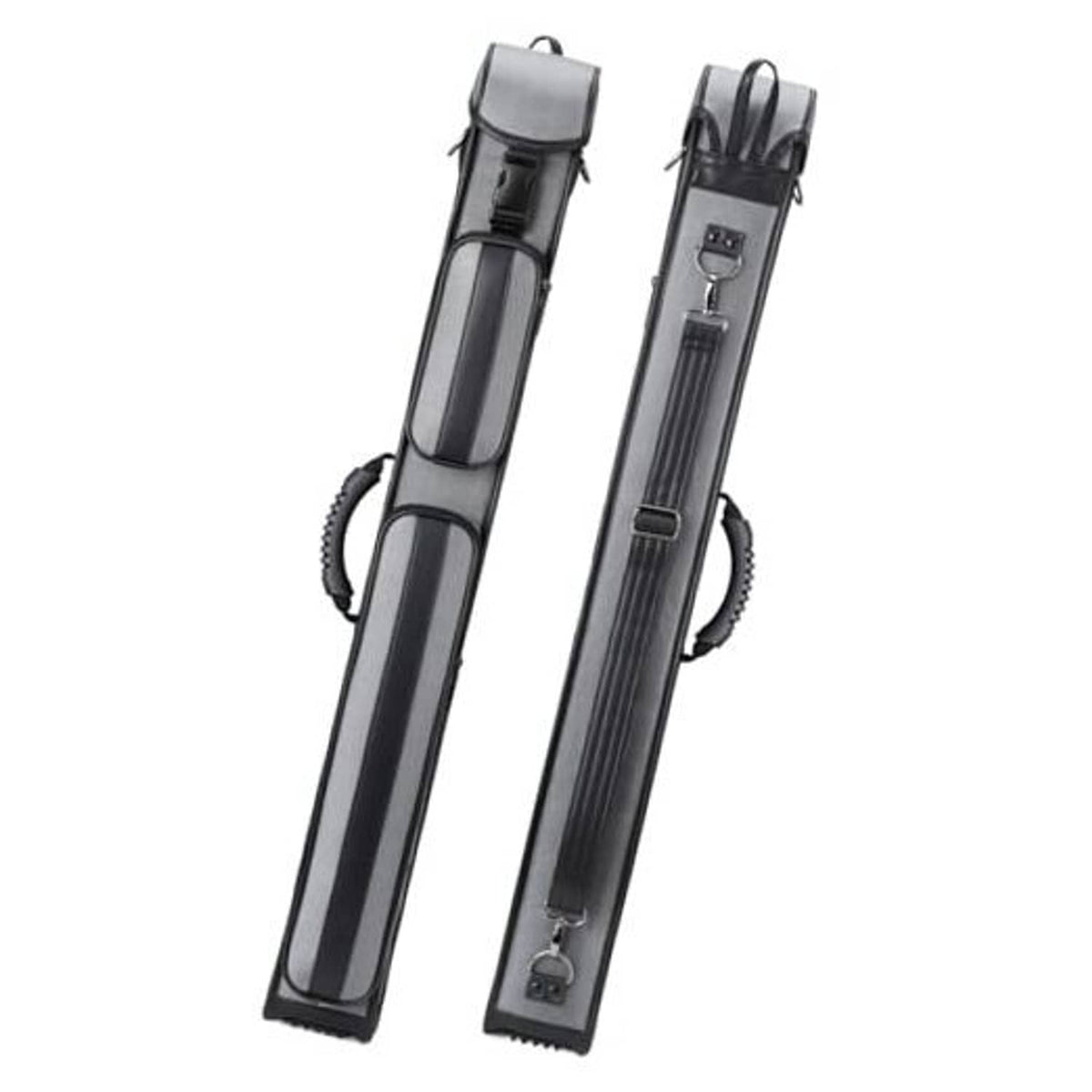 Hard pool cue case (2x4) in dark gray with top handle and side carrying strap