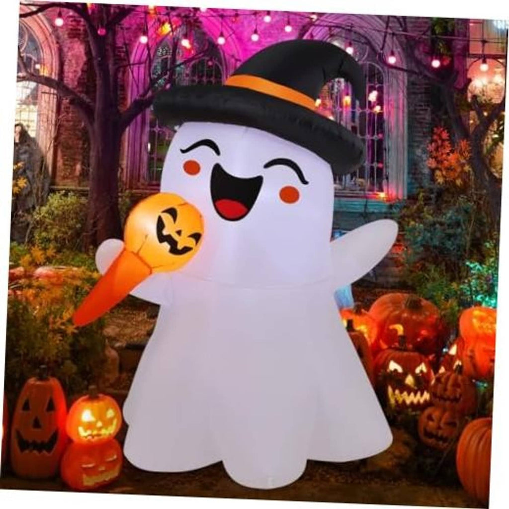 White inflatable ghost with black witch hat holding orange jack-o-lantern, smiling face