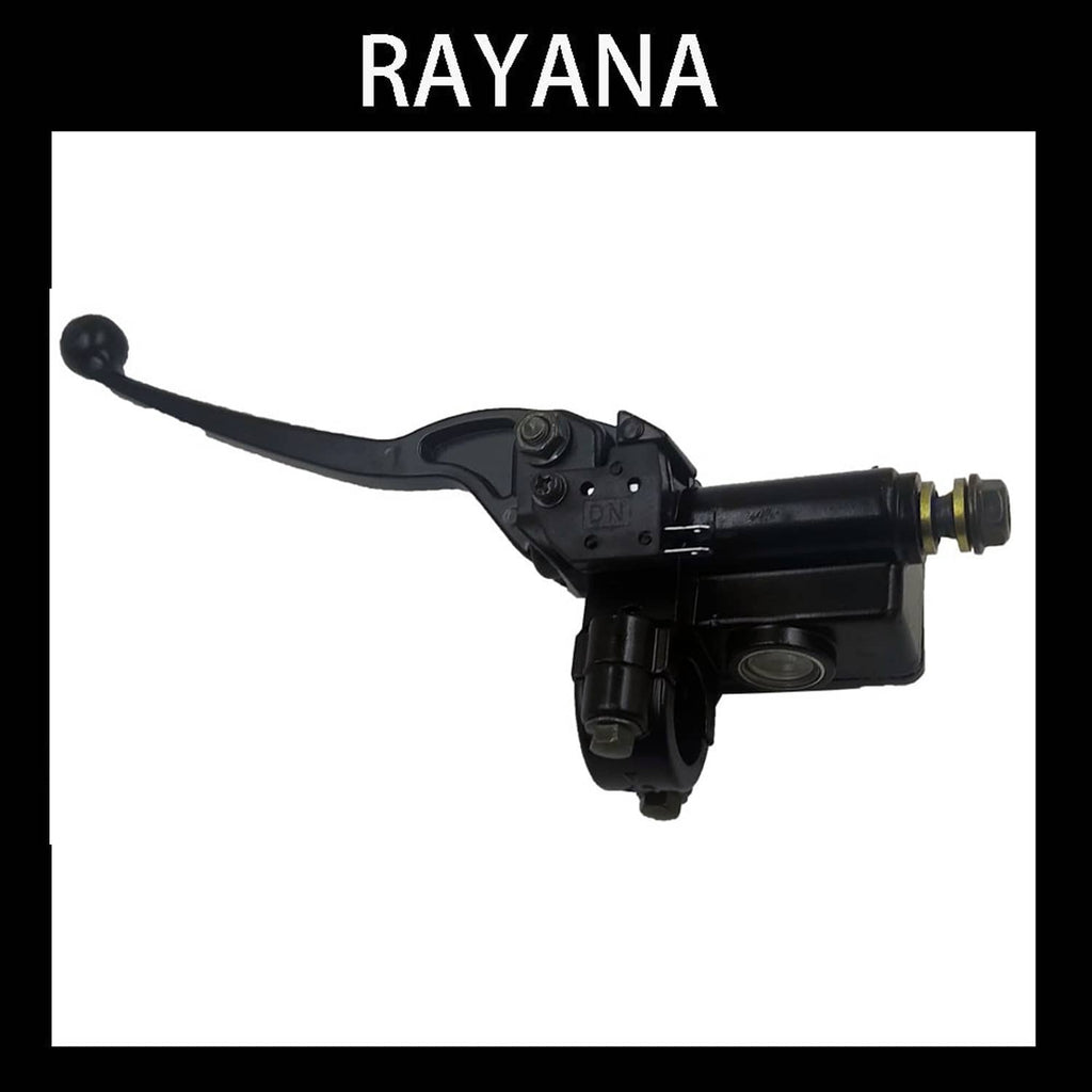 Brake master cylinder assembly with lever, brake line outlet, black mounting body