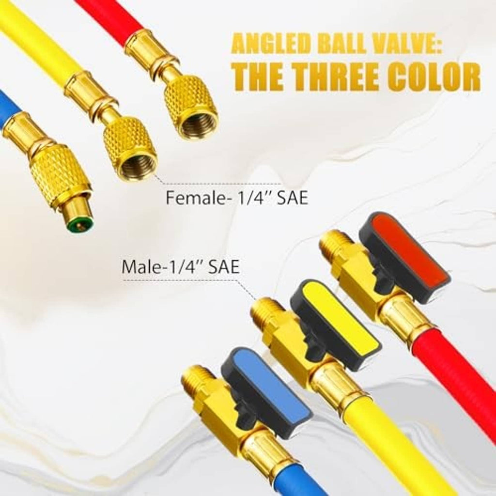 Angled ball valve fittings with red, yellow, and blue hose ends and brass ports