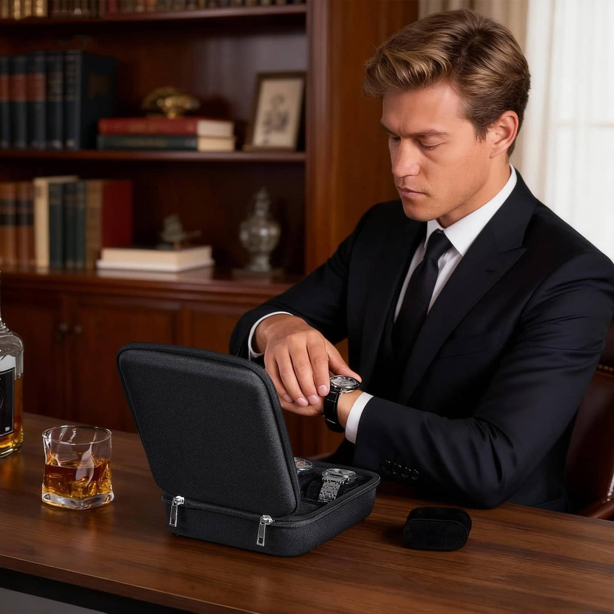 Black hard-shell watch case open on a table with watches inside
