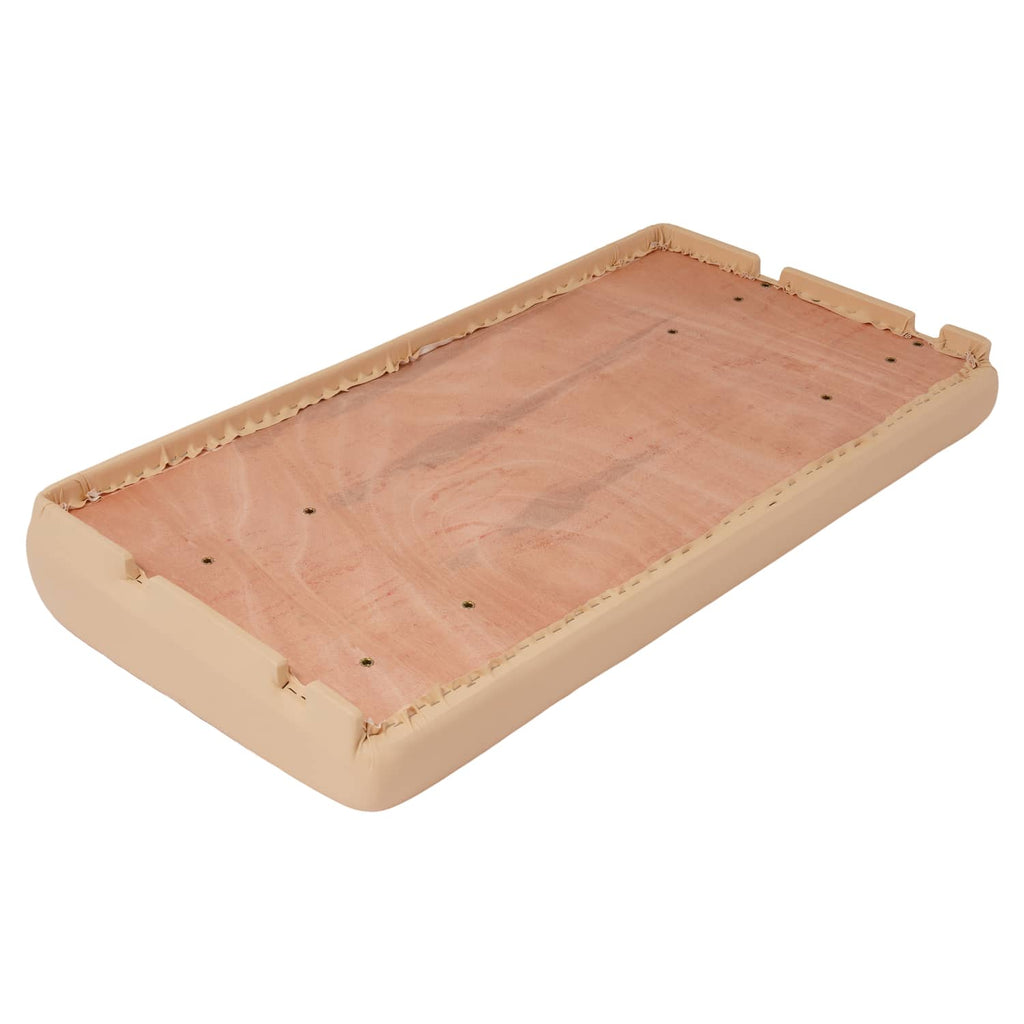 Tan seat bottom assembly with underside fabric and stitched perimeter seams