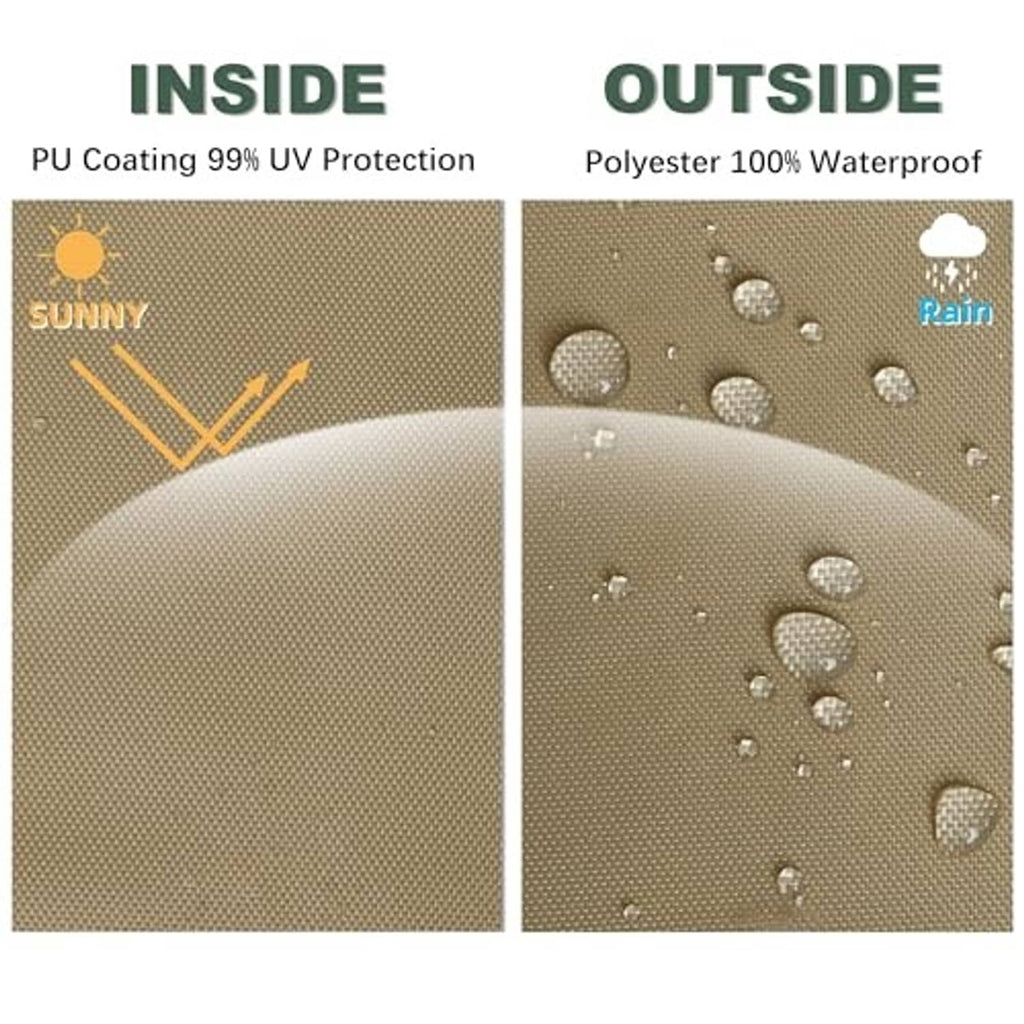 Khaki fabric close-up showing inside UV coating and outside water-resistant finish