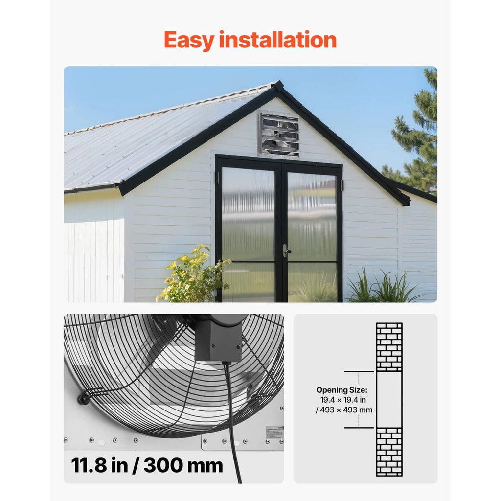 Easy installation graphic for wall-mounted exhaust fan with size and parts views