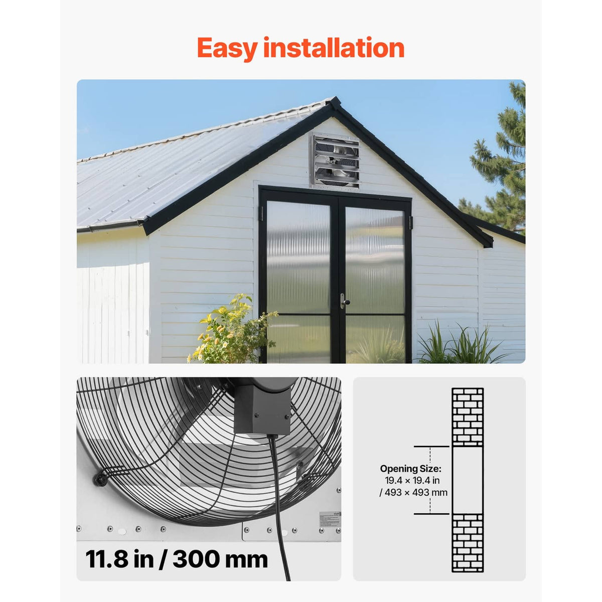Easy installation graphic for wall-mounted exhaust fan with size and parts views