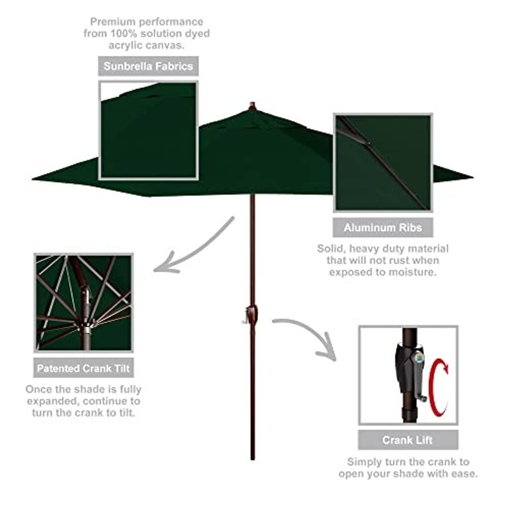 Forest green patio umbrella with aluminum ribs and crank tilt mechanism