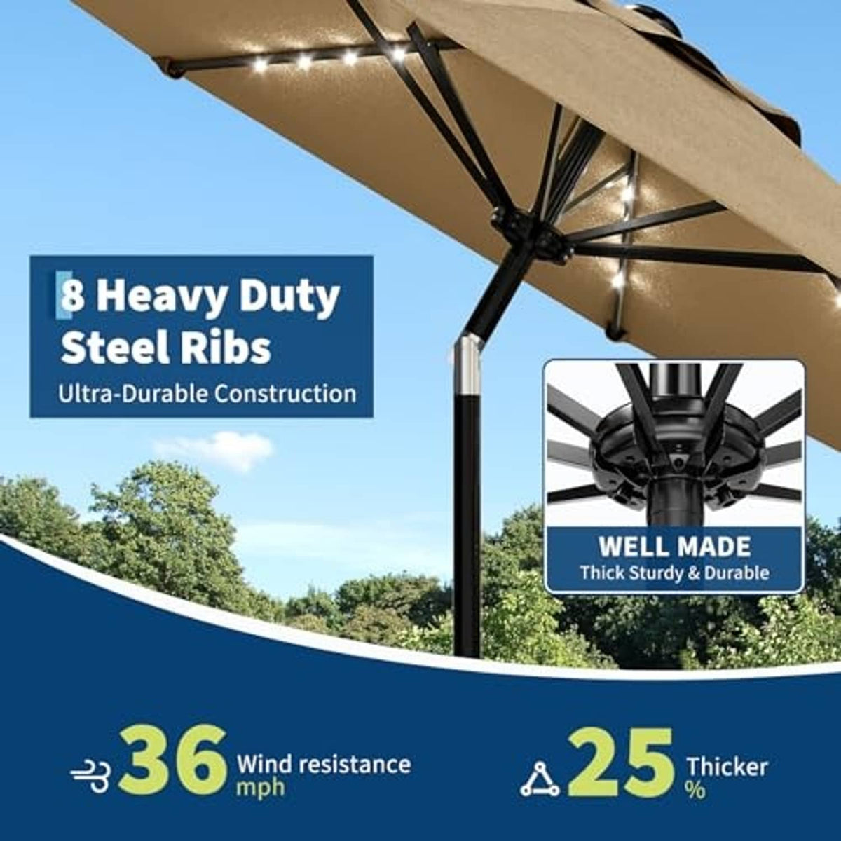Tan patio umbrella canopy with solar LED light strips and sturdy steel rib frame