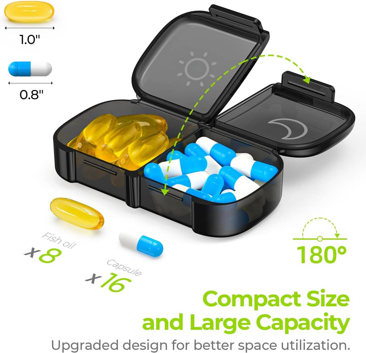 Open weekly AM/PM pill organizer with visible pills in dark gray compartments