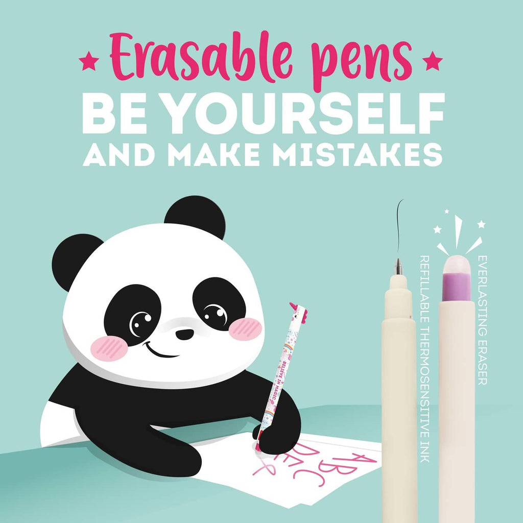 Legami erasable gel pen set showing panda pen and beige pen, uncapped tips