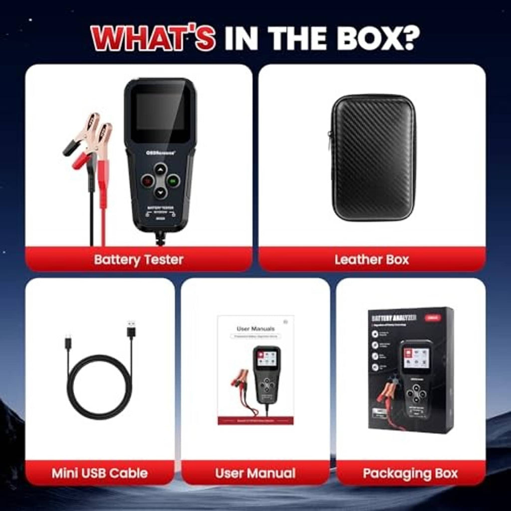 Handheld car battery tester with red-and-black clamps and display, shown with accessories