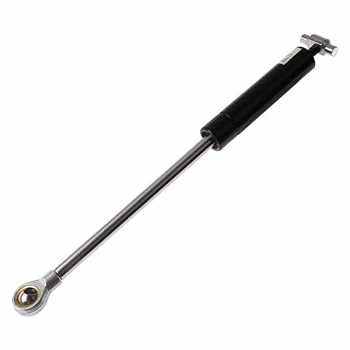 Gas spring strut with black cylinder body and rod, featuring clevis mounting ends