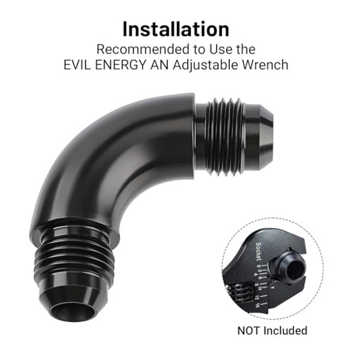 Black 90-degree male AN swivel coupler fitting with angled curved design