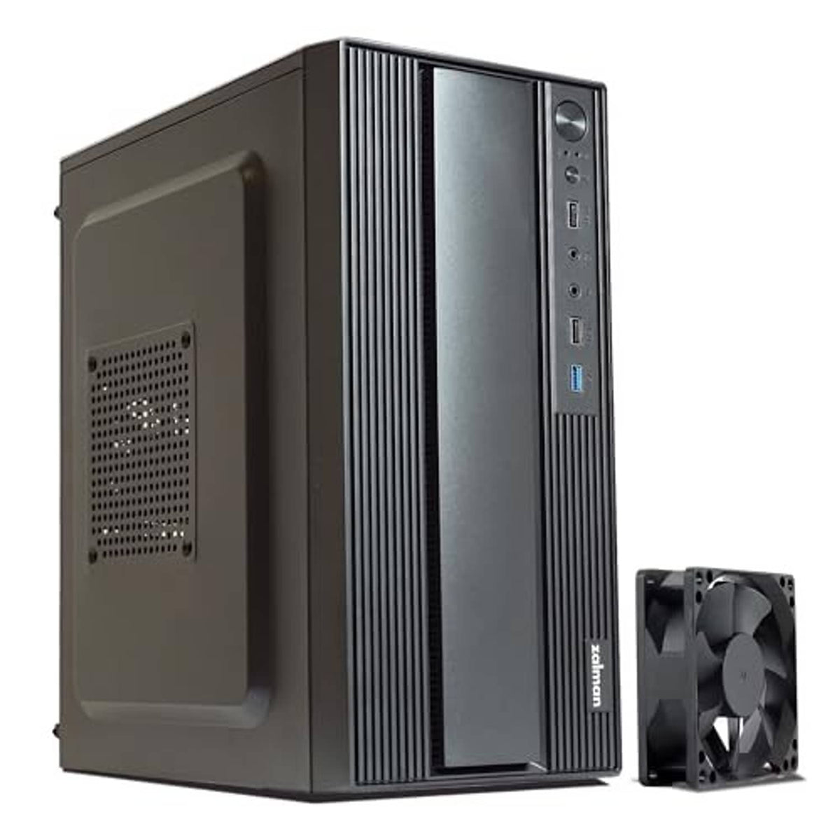 Micro ATX desktop PC case in matte black with ribbed front and side vent; includes fan
