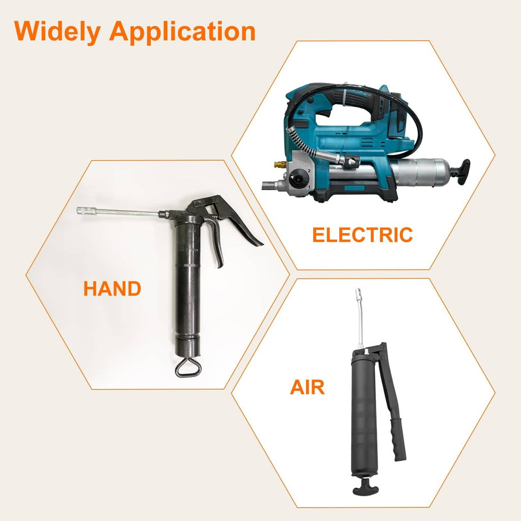 Grease gun hose with adapters for hand and air use shown in an application diagram