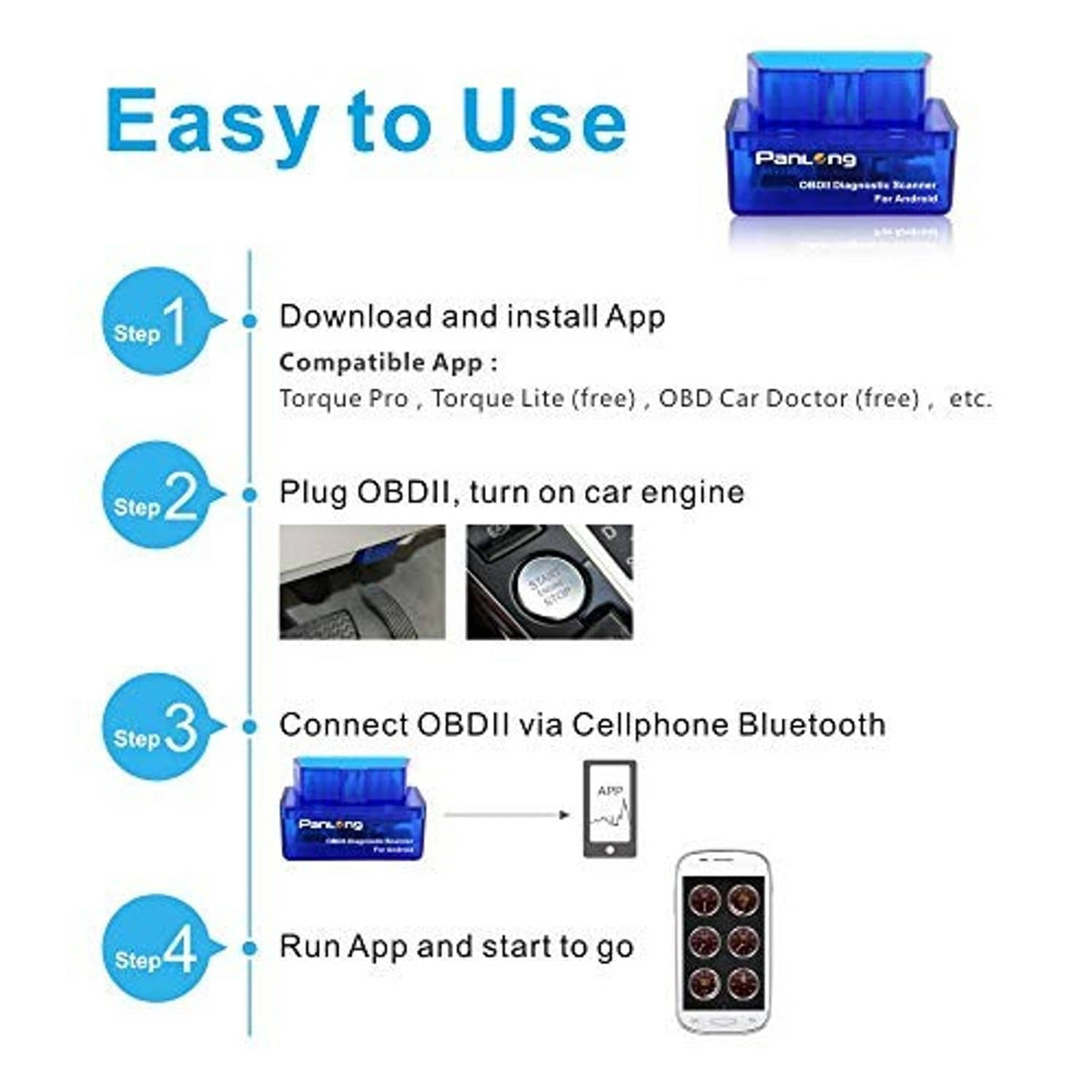 OBDII diagnostic scanner usage steps showing Bluetooth connection and app start