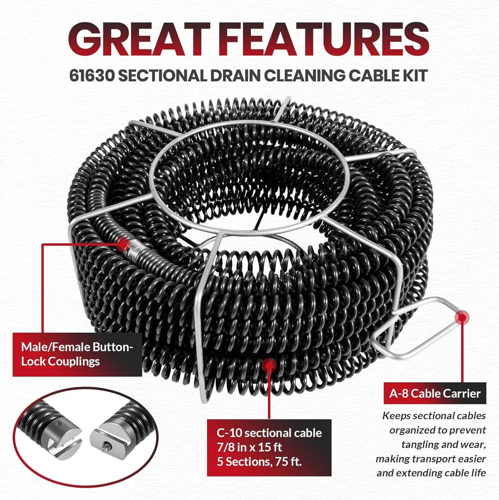 Sectional drain cleaning cable kit with male/female lock couplers and A-8 cable carrier