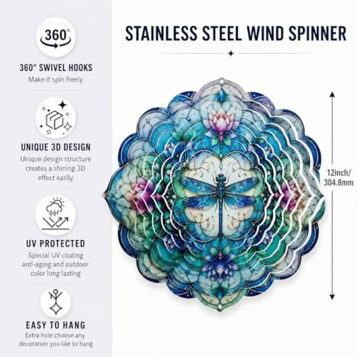 12-inch stainless steel wind spinner with blue and purple lotus flower and dragonfly
