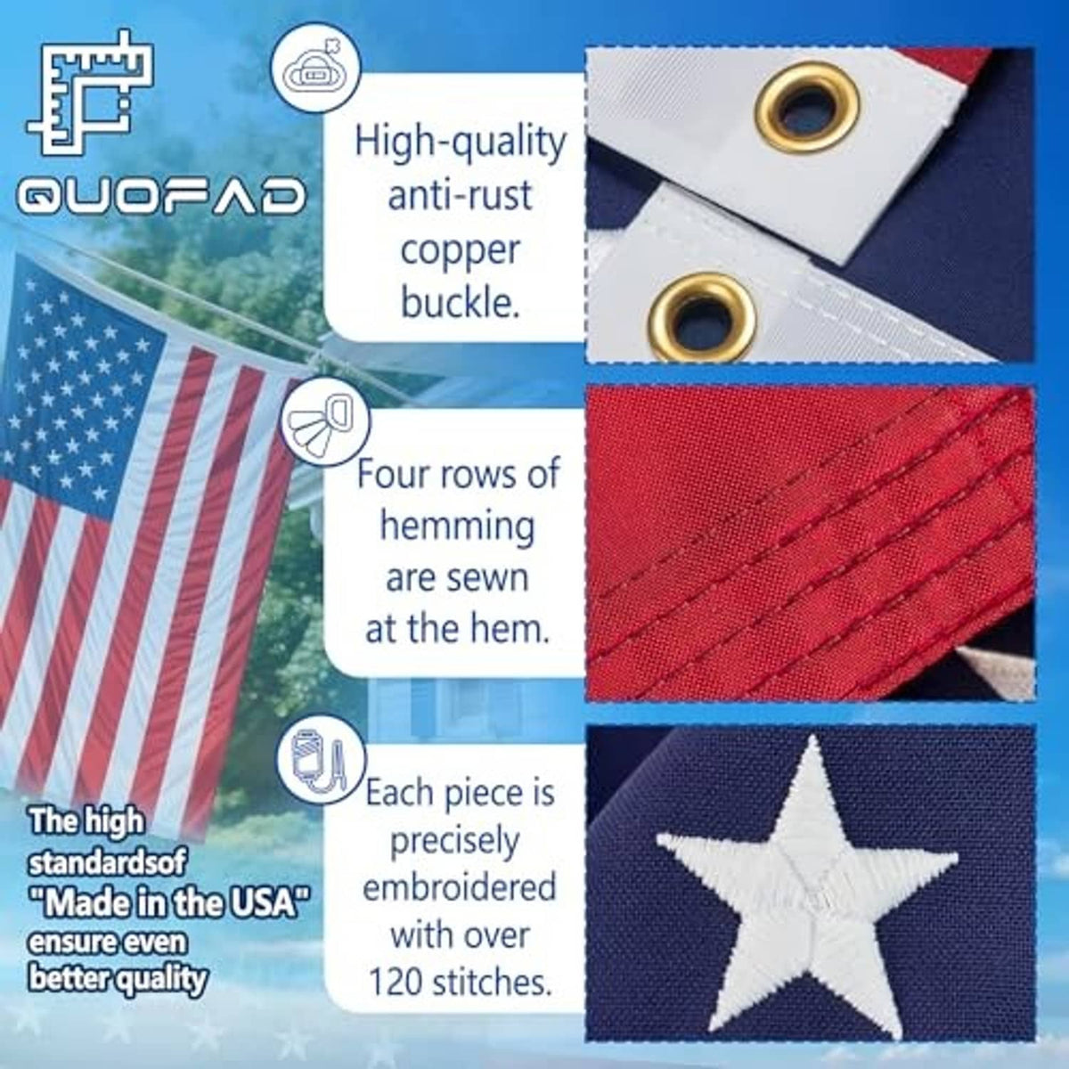 American outdoor flag with brass grommets and reinforced stitched hem, stars and stripes