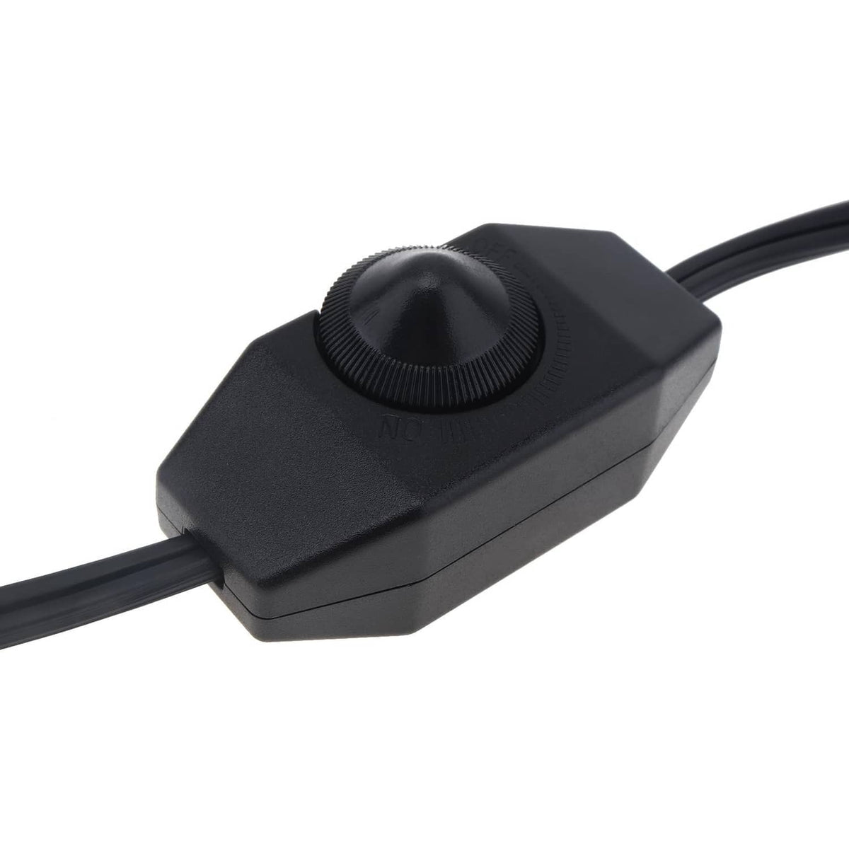 Black dimmer switch box with rotary knob on the cord for brightness control
