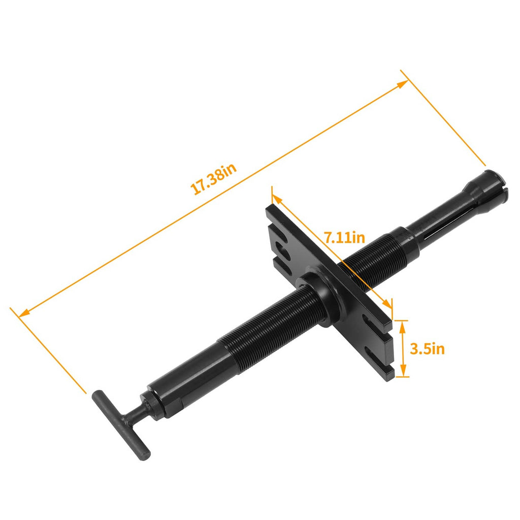 Gimbal bearing puller tool with threaded rod and fork, shown with size measurements