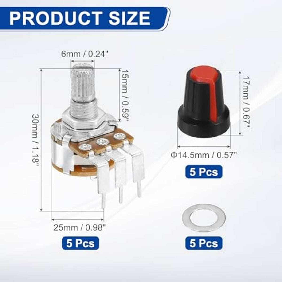 Rotary potentiometer dimensions: 14.5mm diameter, 17mm height; 3-pin metal-shaft unit