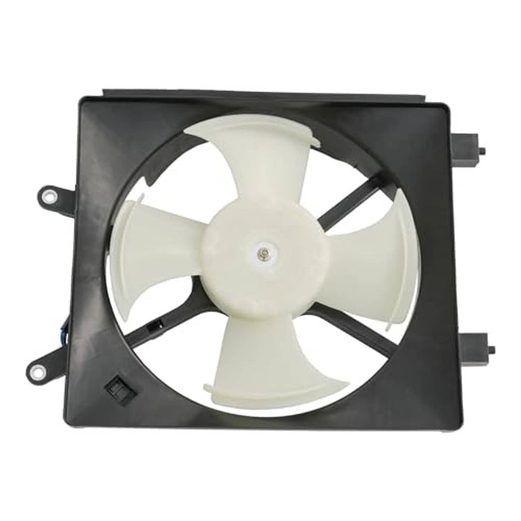 AC condenser cooling fan assembly, white 4-blade fan inside black rectangular housing