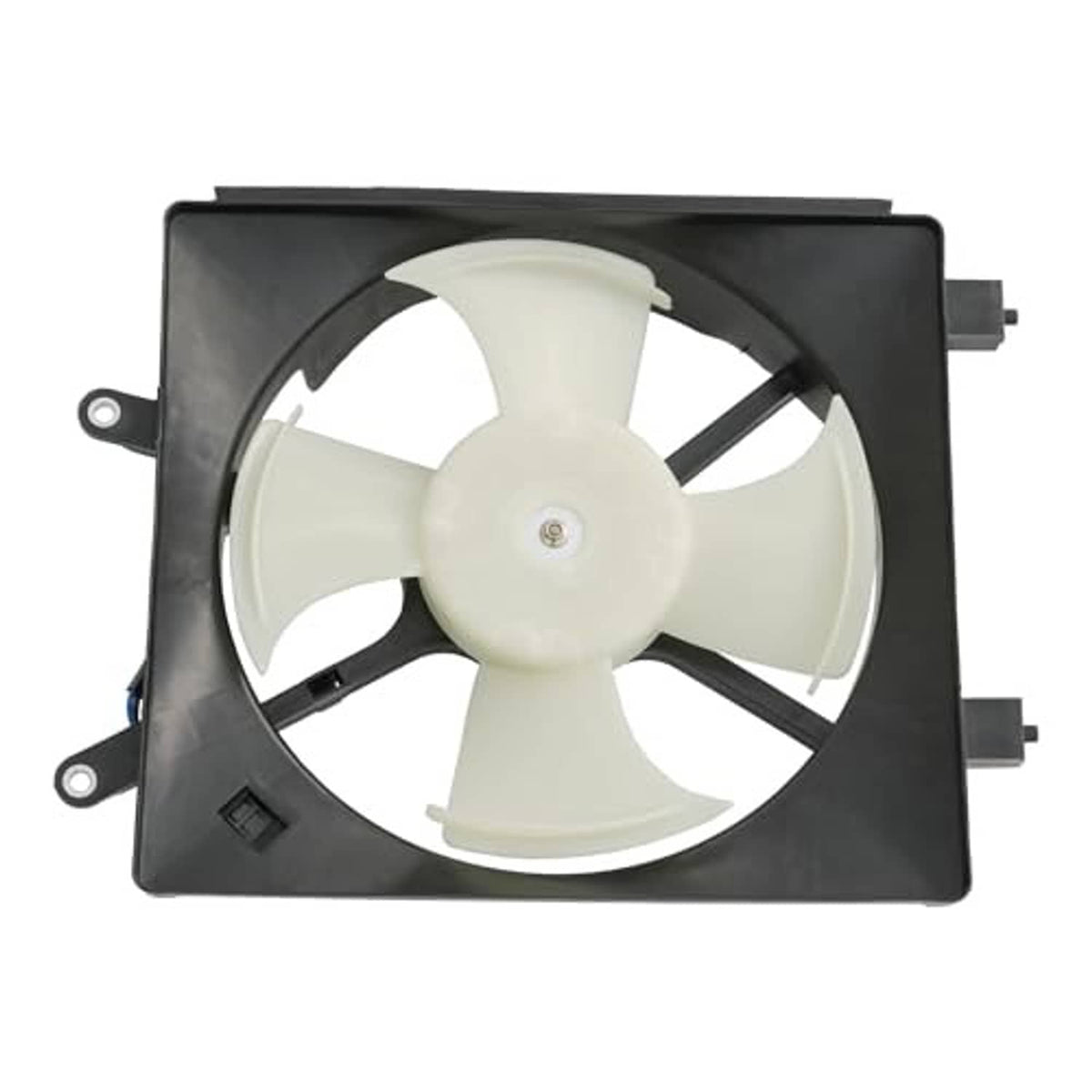 AC condenser cooling fan assembly, white 4-blade fan inside black rectangular housing