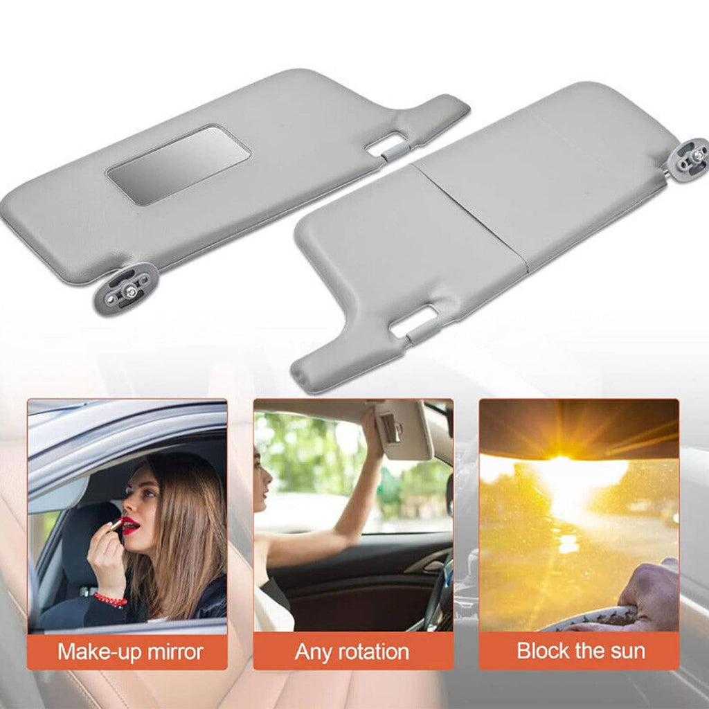 Gray sun visor pair with mirror opening and metal clip brackets