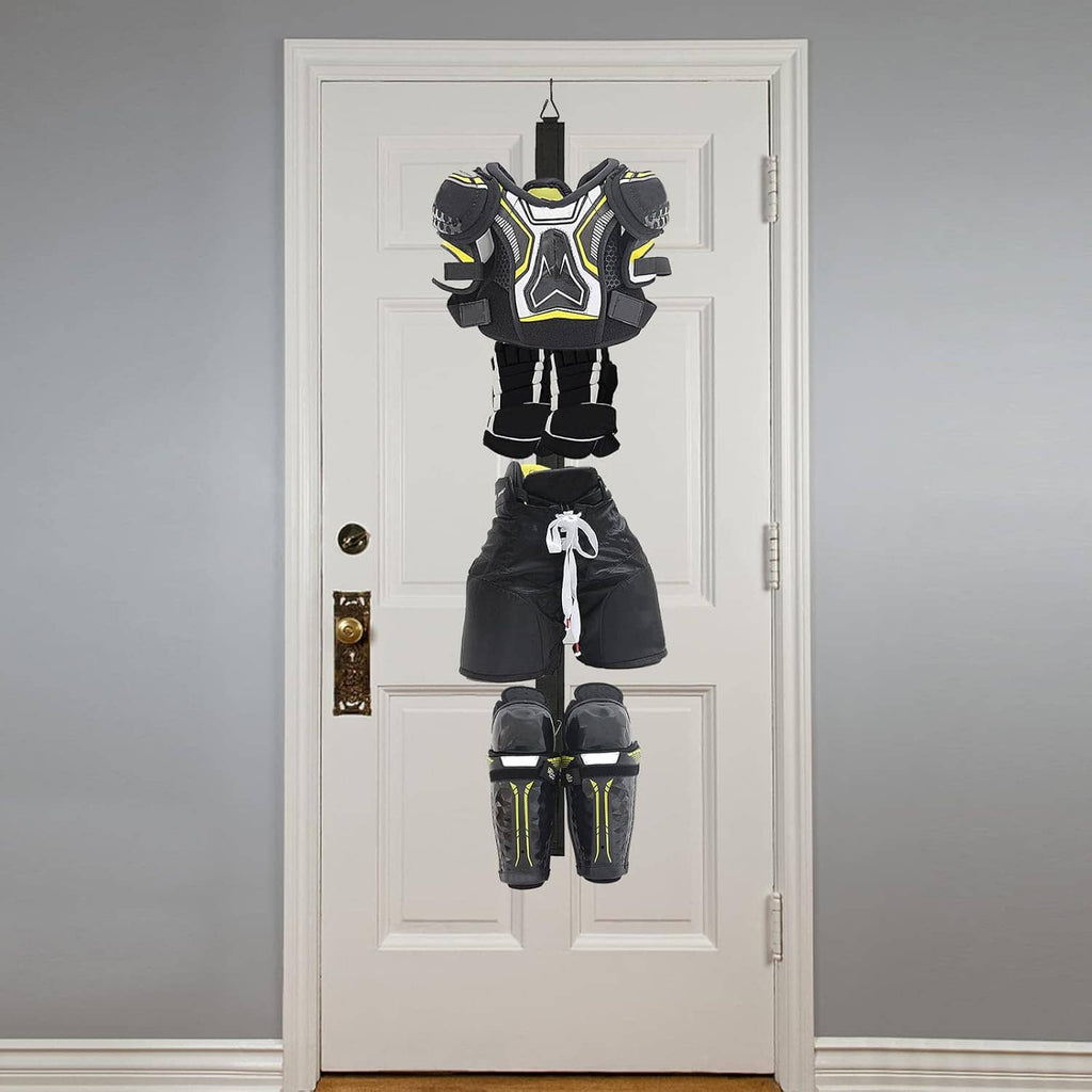Over-door hockey drying rack hanging hockey shoulder pads, shorts, and shin guards