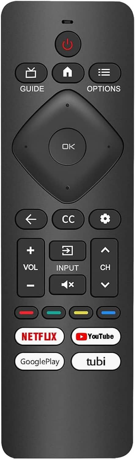 Black TV remote control with volume keys, input button, and central OK pad