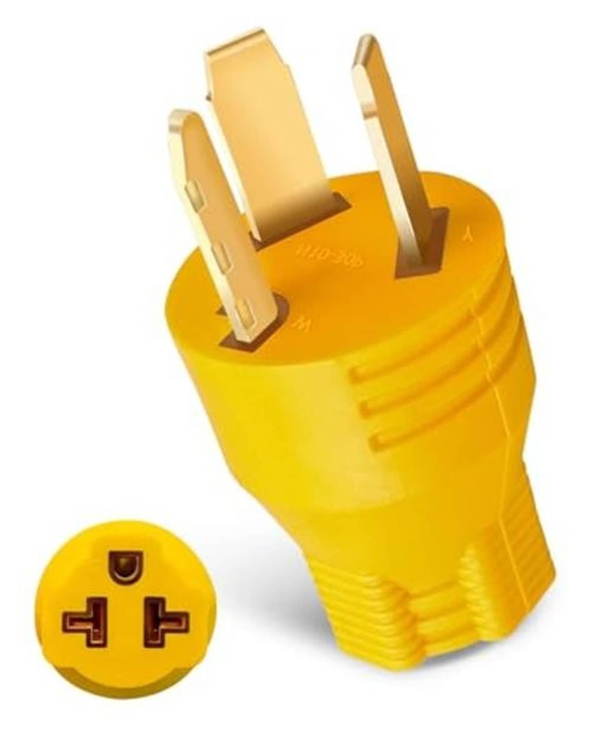 Yellow EV adapter plug with two flat prongs and grounded face, compact design