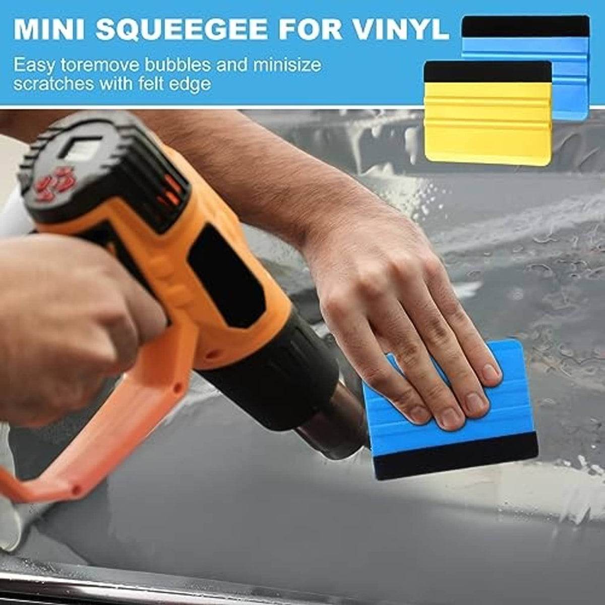 Mini vinyl squeegee with felt edge, blue and yellow scraper for removing bubbles