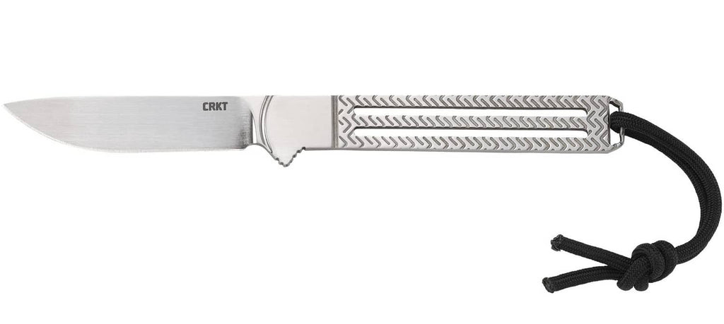Fixed blade knife with silver blade, patterned handle, and black cord loop
