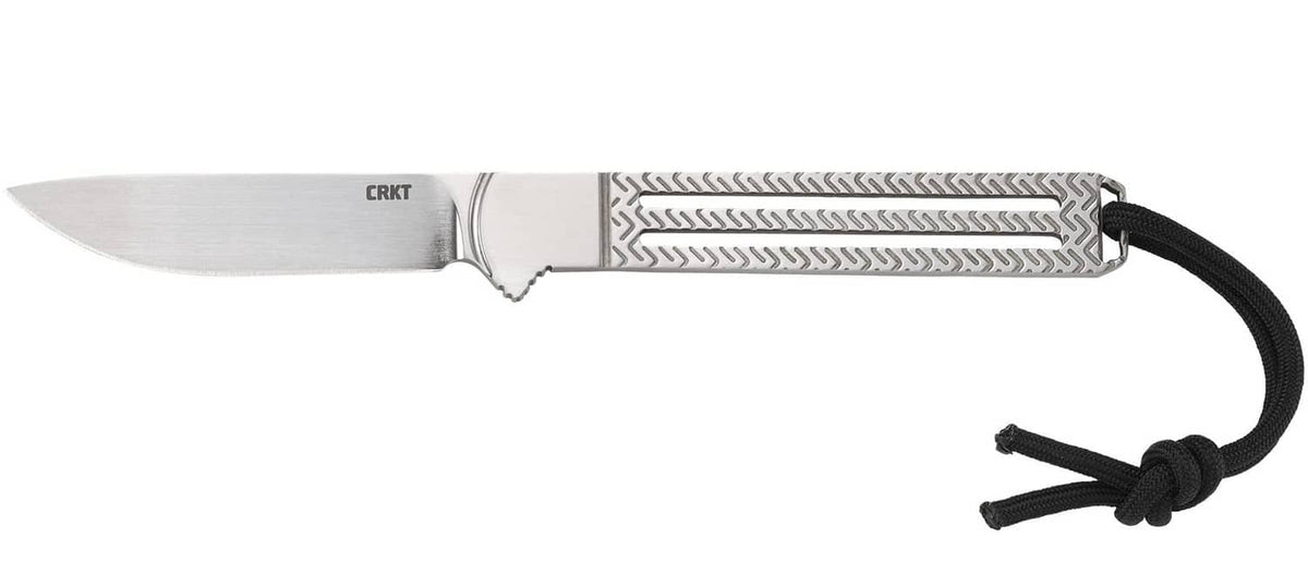 Fixed blade knife with silver blade, patterned handle, and black cord loop