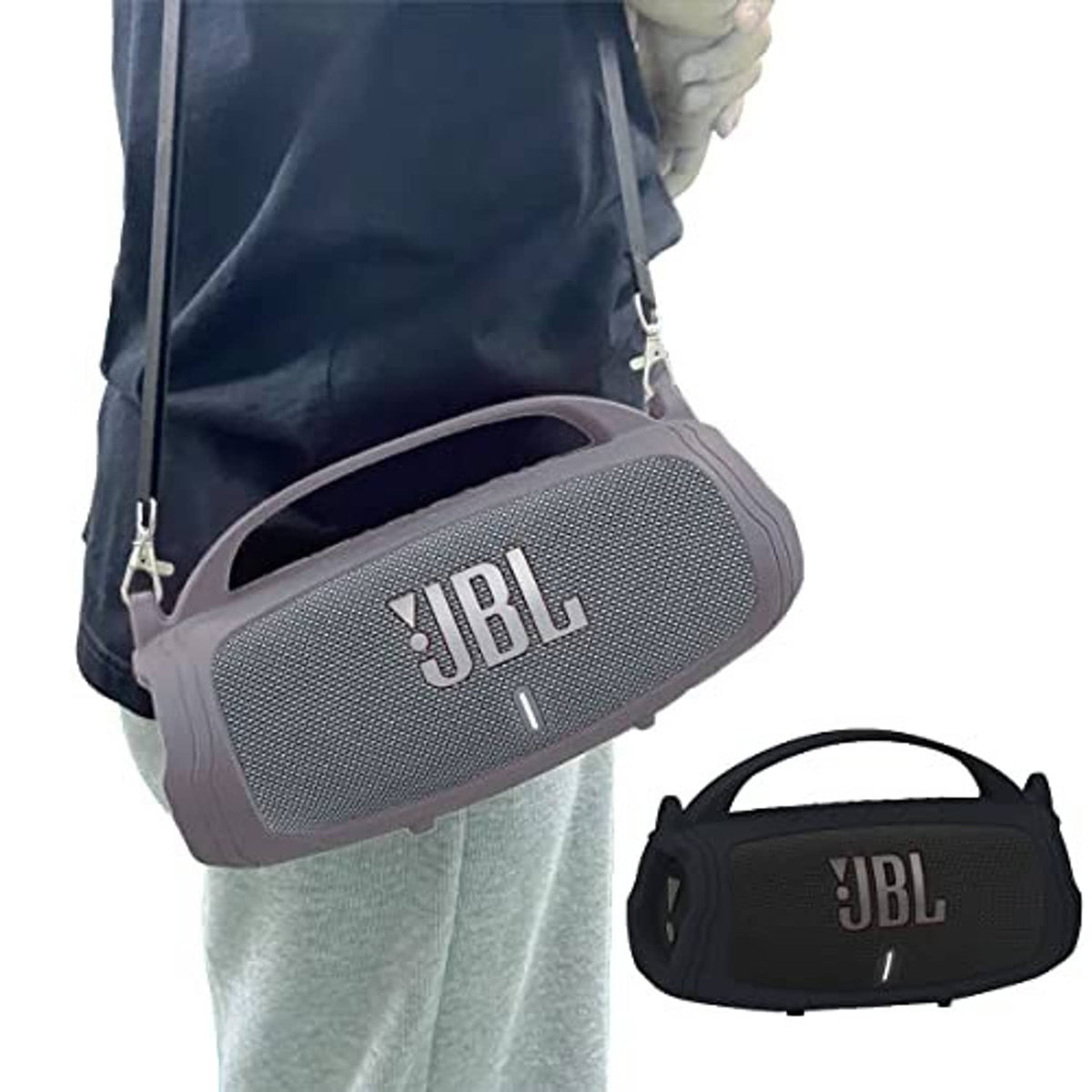 Silicone speaker cover case worn with shoulder strap, showing JBL logo