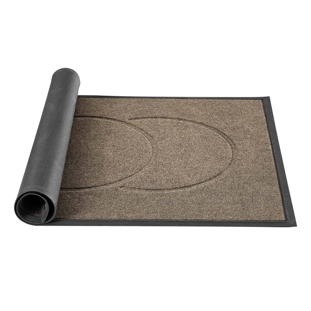 Front door mat with modern oval pattern, brown carpet, rolled edge