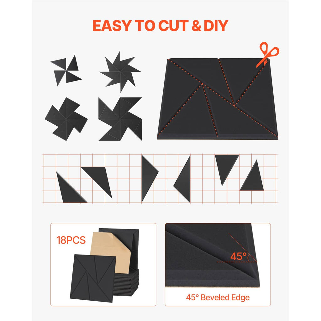 Black acoustic wall panels with diamond pattern, shown with cut-out DIY templates