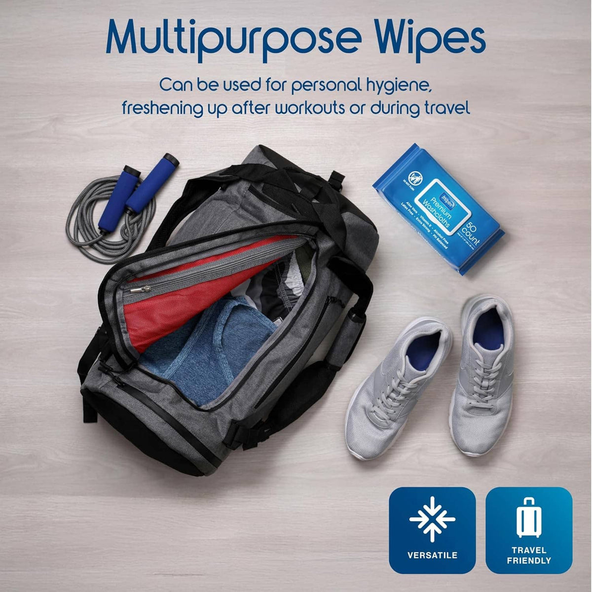 Multi-purpose adult wipes with travel-ready pack, includes white and blue sachets