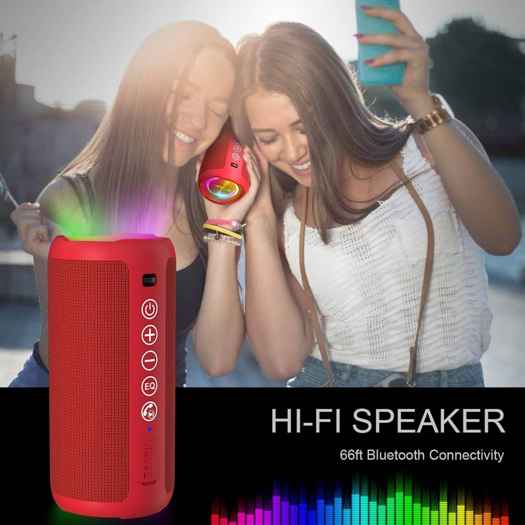 Red Ortizan portable Bluetooth speaker with RGB ring, held near two people
