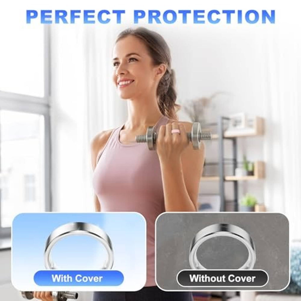 Silicone ring cover shown on a silver smart ring, compared with an uncovered ring