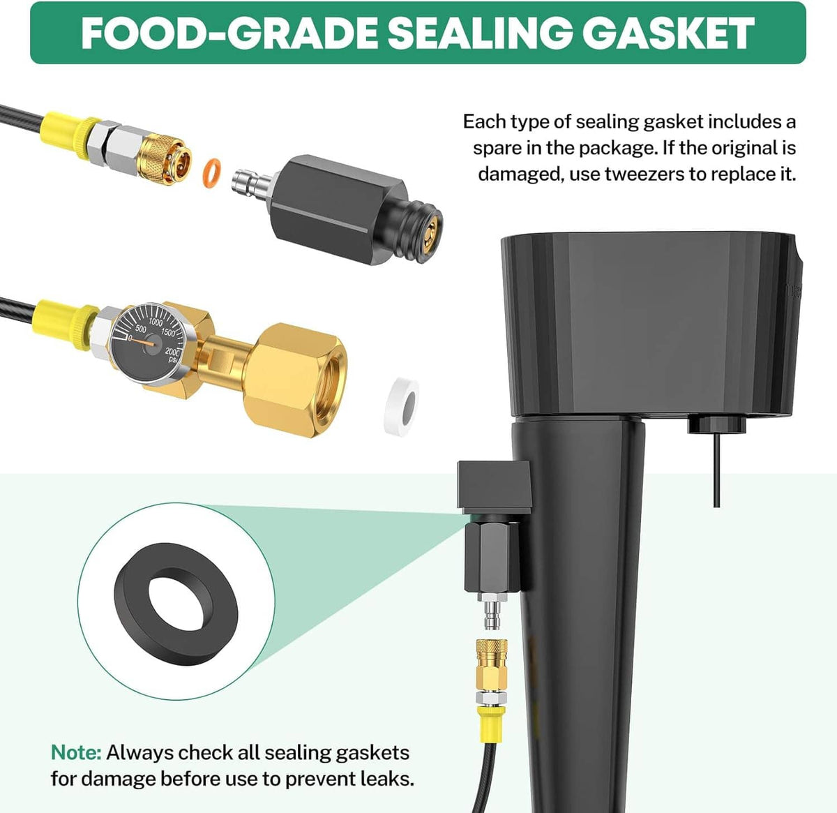 CO2 quick connector with spare sealing gaskets and brass-and-black valve components
