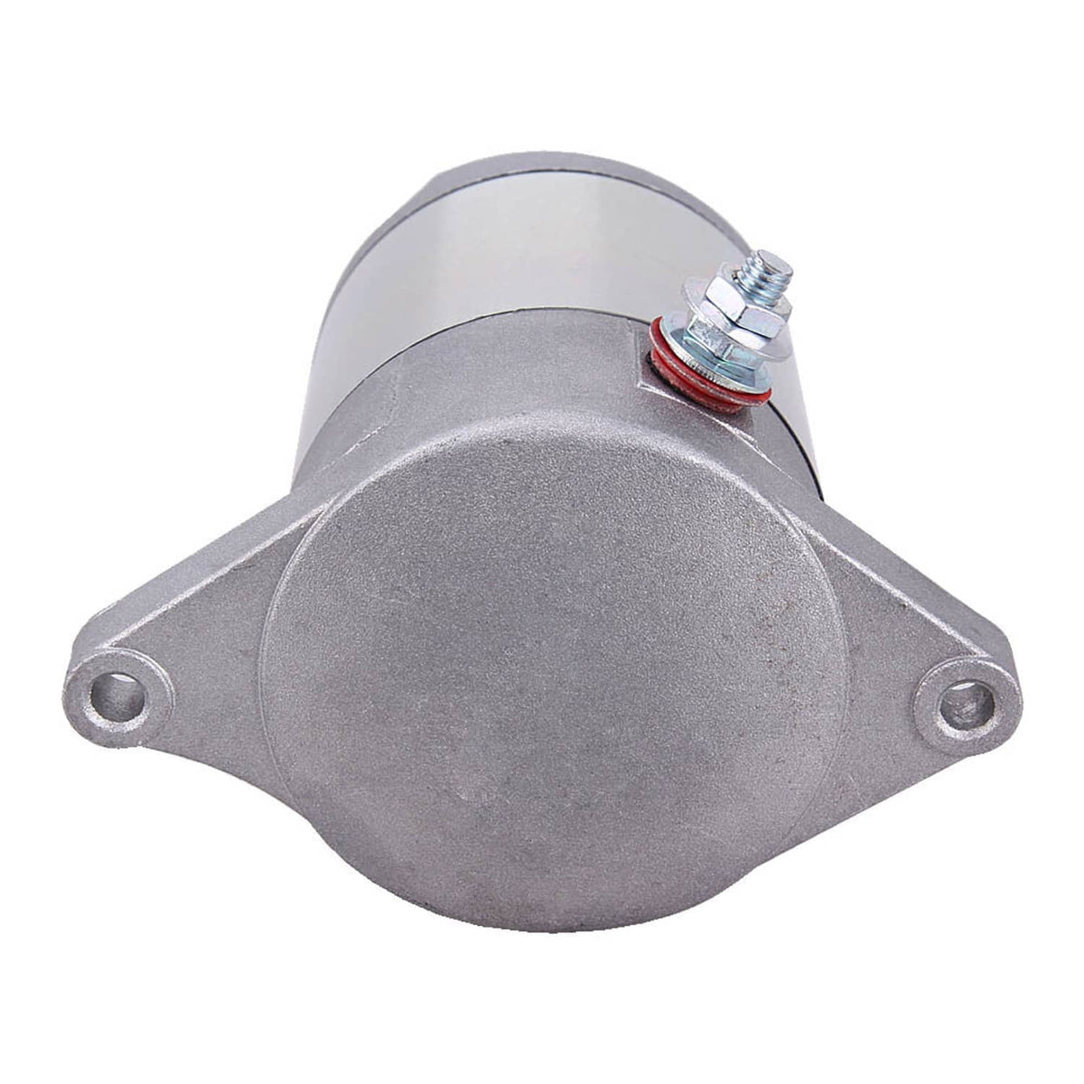 Starter motor assembly close-up of end cap with electrical terminal bolt