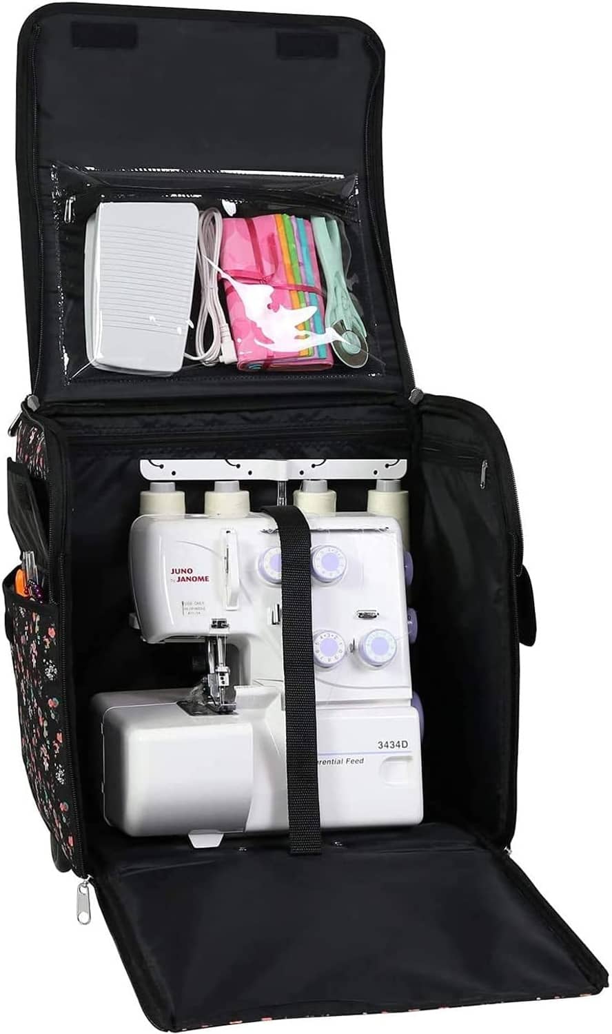 Black interior of rolling machine tote with storage compartments and zipper open lid