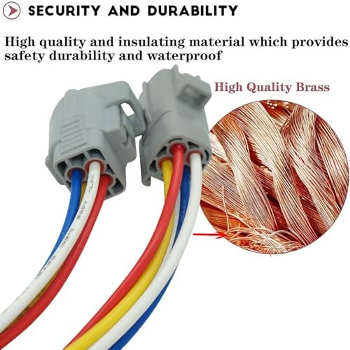 Gray 4-pin connectors with color-coded wires and inset copper/brass wire strands